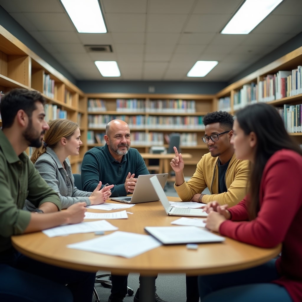 Equipo de mentores debatiendo sobre metodología del curso alrededor de una mesa