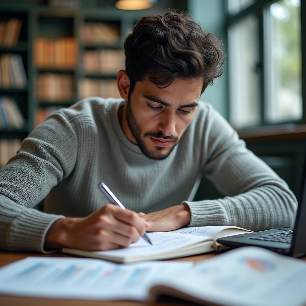 Estudiante tomando notas en un cuaderno durante una sesión de estudio