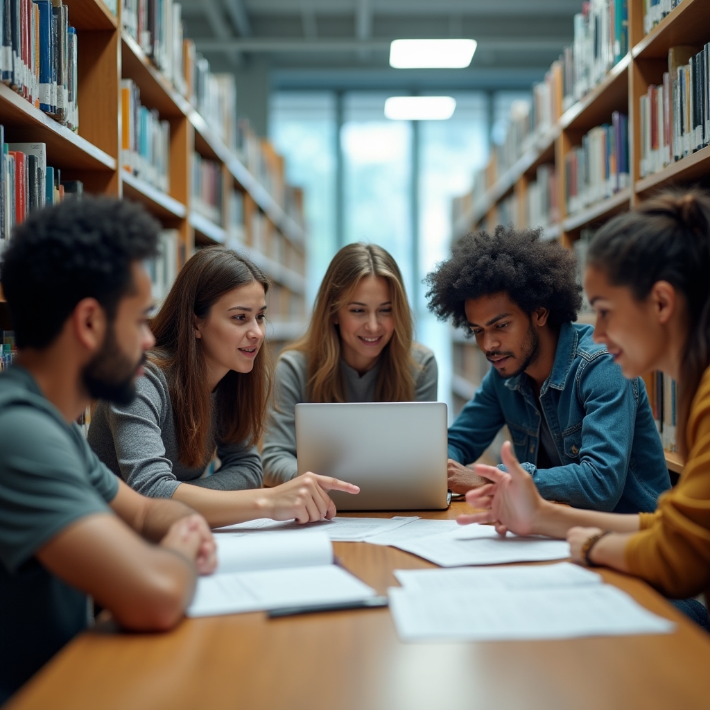 Grupo de estudiantes revisando material de curso en una biblioteca