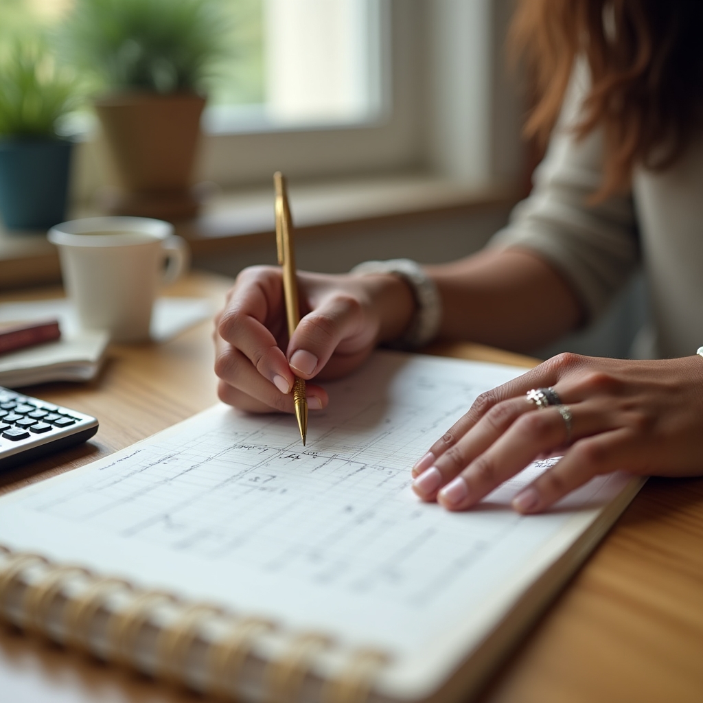 Manos escribiendo en un cuaderno de planificación de gastos