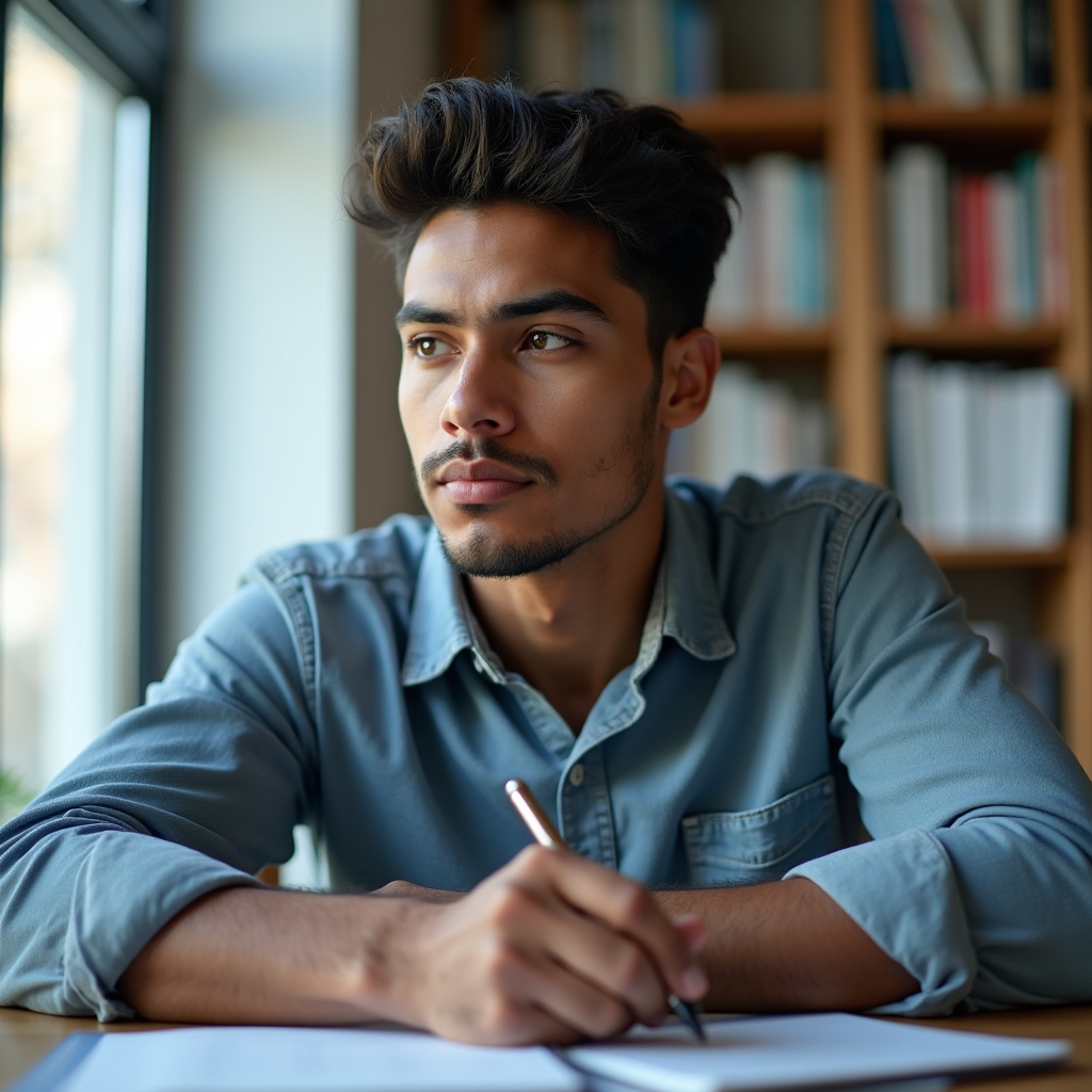 Persona reflexionando frente a un cuaderno con anotaciones sobre finanzas personales