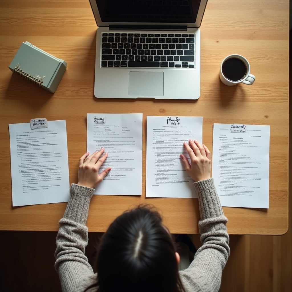 Mesa de trabajo con materiales del curso organizados por módulos